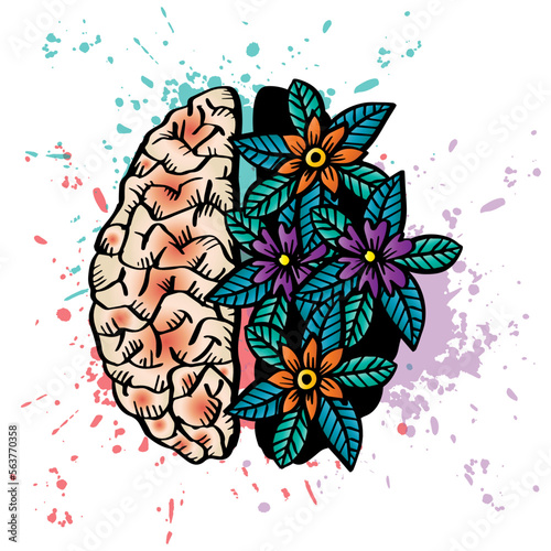 Doodle human brain with floral decoration.