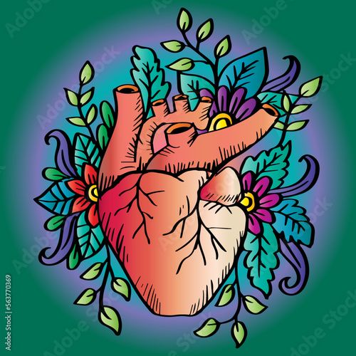 Doodle human heart with floral decoration.