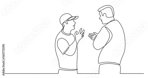 continuous line drawing vector illustration with FULLY EDITABLE STROKE of two standing men talking arguing