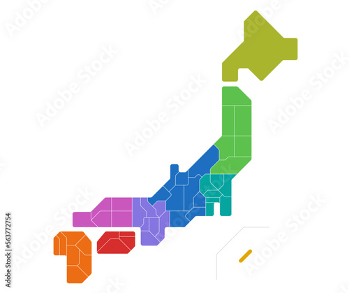 簡略化した日本地図　地方別　県別（ベクターデータは都道府県ごとにレイヤー分け）