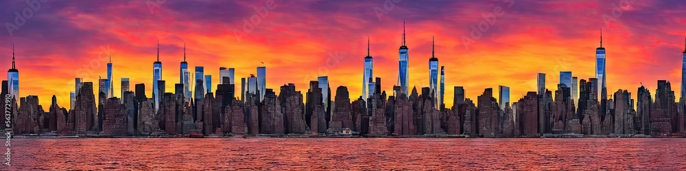 New York City skyline at sunset - panoramic image of a west coast city during the gorgeous setting of the sun. City skyline made by generative AI