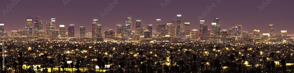 California city skyline at night - panoramic image of a west coast city during the dark evening. City skyline made by generative AI