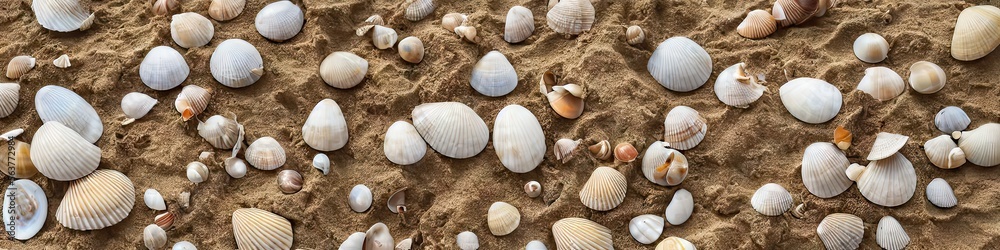 seashells on the beach - panoramic extra wide landscape image of a sandy beach with colorful shells. Generative AI