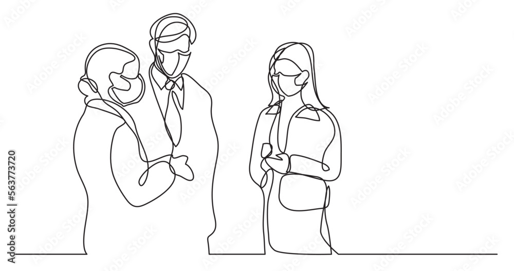 continuous line drawing vector illustration with FULLY EDITABLE STROKE - business people talking wearing face mask continuous line drawing vector illustration with FULLY EDITABLE STROKE - business people talking wearing face mask