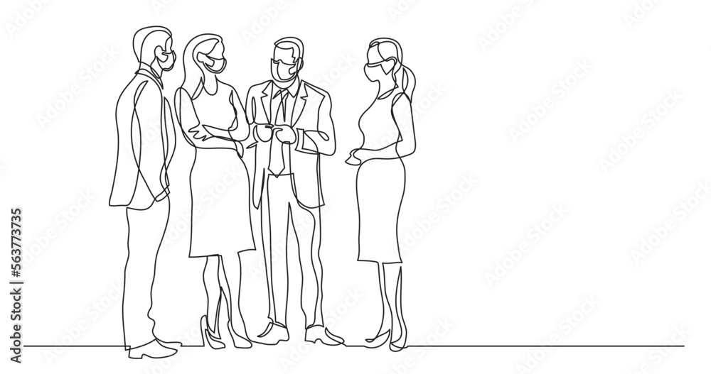continuous line drawing vector illustration with FULLY EDITABLE STROKE - business professionals standing discussion wearing face mask
