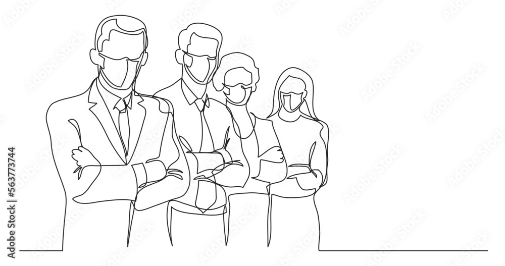 continuous line drawing vector illustration with FULLY EDITABLE STROKE - business team  4 wearing face mask