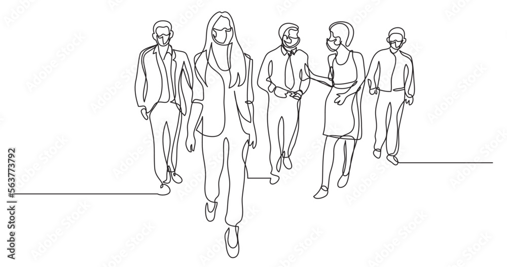 continuous line drawing vector illustration with FULLY EDITABLE STROKE - business team walking together 3 wearing face mask continuous line drawing vector illustration with FULLY EDITABLE STROKE - business team walking together 3 wearing face mask