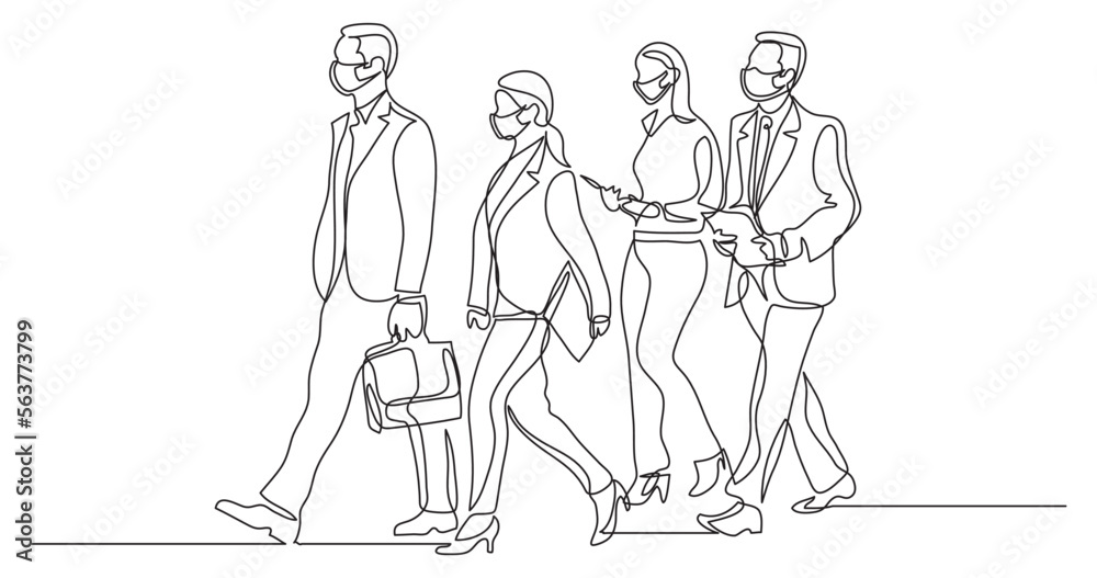 continuous line drawing vector illustration with FULLY EDITABLE STROKE - business team walking together wearing face mask continuous line drawing vector illustration with FULLY EDITABLE STROKE - business team walking together wearing face mask