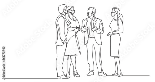 continuous line drawing vector illustration with FULLY EDITABLE STROKE - business professionals standing meeting wearing face mask