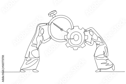 Cartoon of muslim businesswoman combine clock with and gear cogwheel concept of time management and production. Single continuous line art