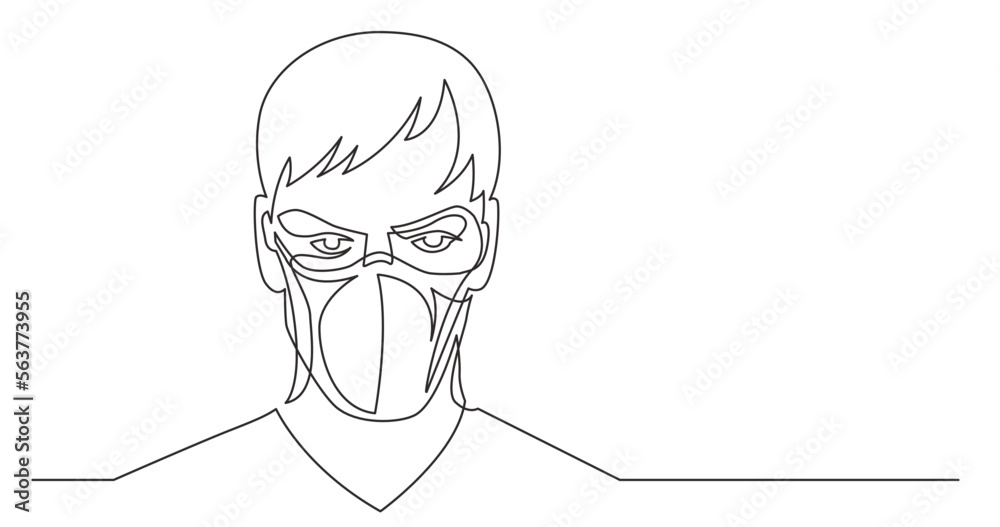 continuous line drawing vector illustration with FULLY EDITABLE STROKE - confident young man portrait wearing face mask continuous line drawing vector illustration with FULLY EDITABLE STROKE - confident young man portrait wearing face mask