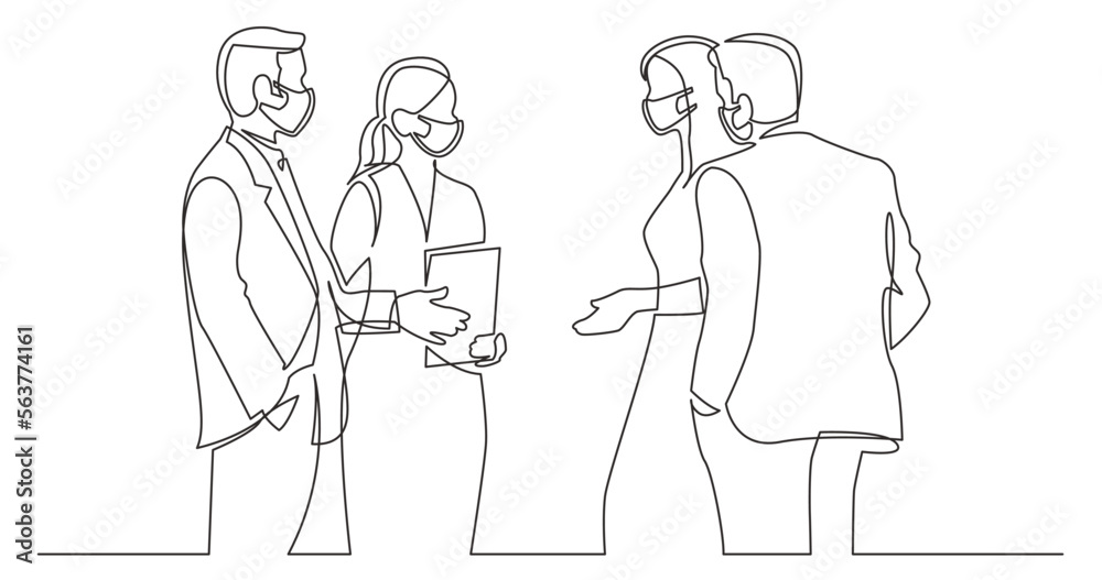 continuous line drawing vector illustration with FULLY EDITABLE STROKE - group standing businee people discussing deal wearing face mask
