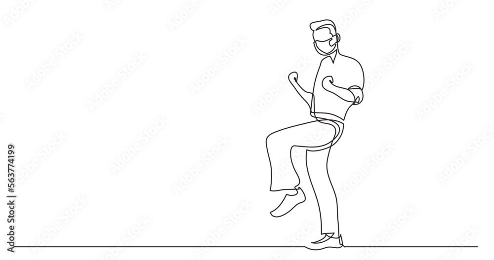 continuous line drawing vector illustration with FULLY EDITABLE STROKE - happy cheering man wearing face mask continuous line drawing vector illustration with FULLY EDITABLE STROKE - happy cheering man wearing face mask
