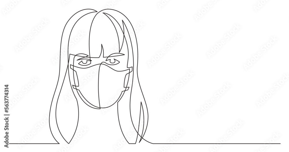 continuous line drawing vector illustration with FULLY EDITABLE STROKE - long hair woman wearing face mask continuous line drawing vector illustration with FULLY EDITABLE STROKE - long hair woman wearing face mask