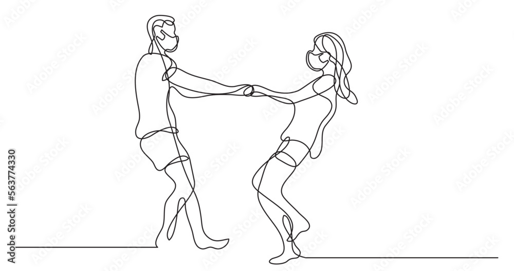 continuous line drawing vector illustration with FULLY EDITABLE STROKE - loving couple 3 wearing face mask