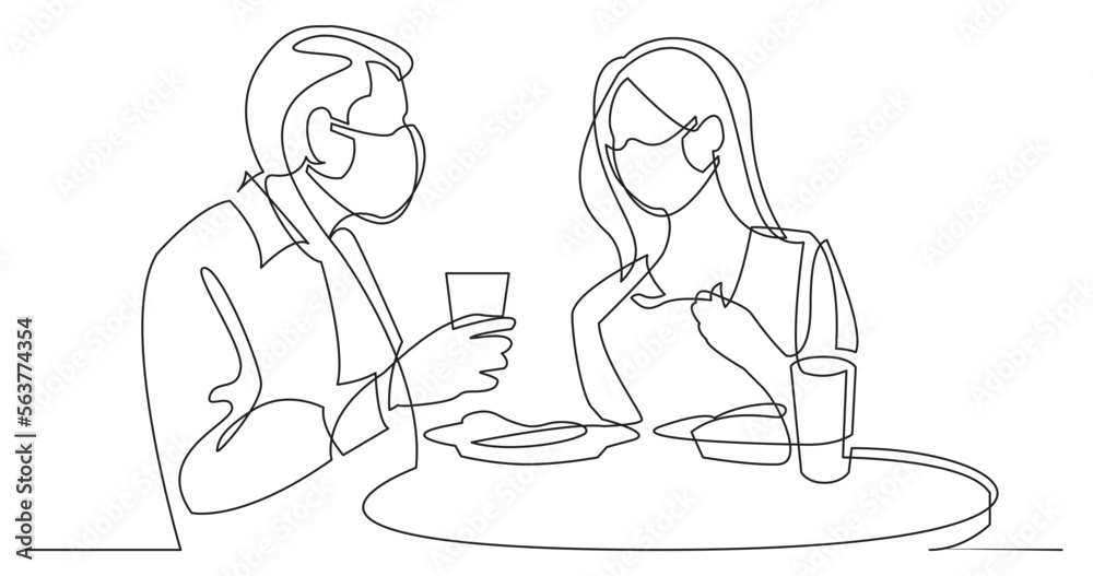 continuous line drawing vector illustration with FULLY EDITABLE STROKE - man and woman eating in restaurant wearing face mask continuous line drawing vector illustration with FULLY EDITABLE STROKE - man and woman eating in restaurant wearing face mask