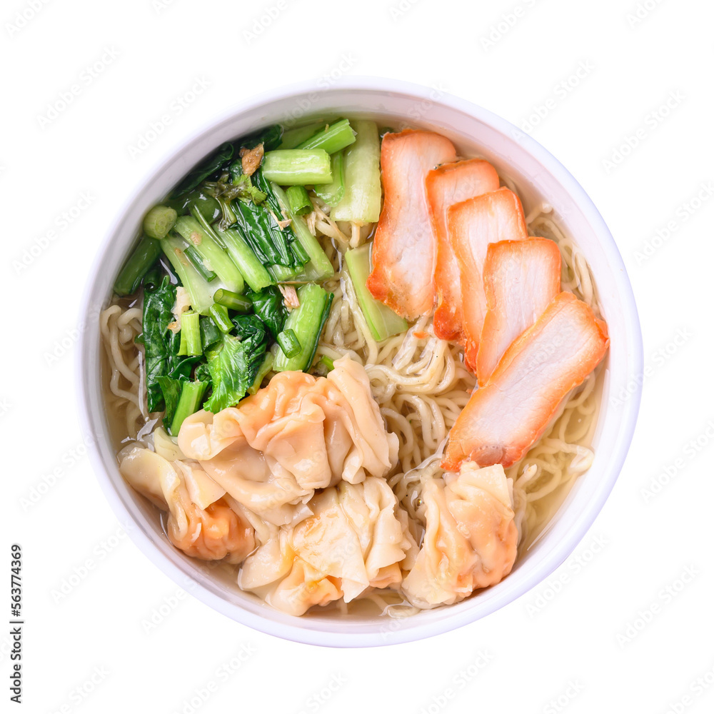 Asian noodles soup with wonton dumpling and grilled red pork in bowl on transparent png Asian noodles soup with wonton dumpling and grilled red pork in bowl on transparent png