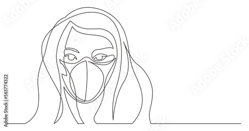 continuous line drawing vector illustration with FULLY EDITABLE STROKE - long hairstyle woman wearing face mask
