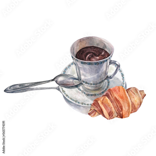 Watercolor cup of hot chocolate with spoon and croissant isolated on white background. Winter sweet drink for cute evening. Dessert for cookbook or kitchen. Clipart for sticker, wallpaper or wrapping