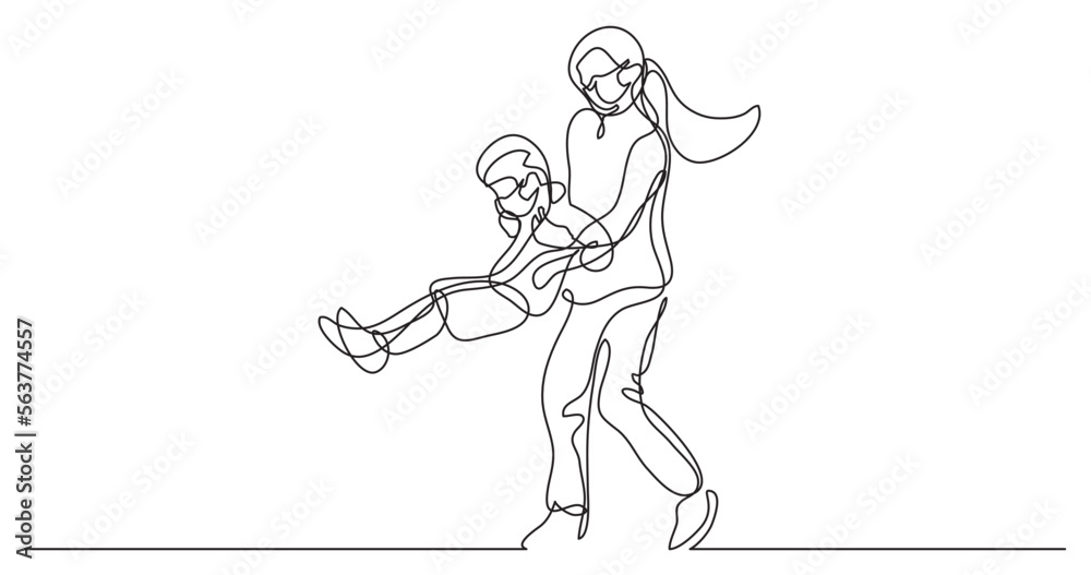 continuous line drawing vector illustration with FULLY EDITABLE STROKE - mother playing with son wearing face mask