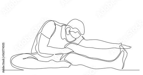 continuous line drawing vector illustration with FULLY EDITABLE STROKE - man stretching his leg in yoga exercise wearing face mask