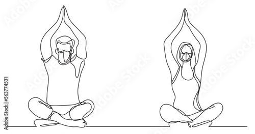 continuous line drawing vector illustration with FULLY EDITABLE STROKE - man woman doing yoga wearing face mask