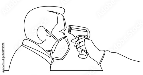 continuous line drawing vector illustration with FULLY EDITABLE STROKE - of coronavirus first responder measuring temperture of man in mask