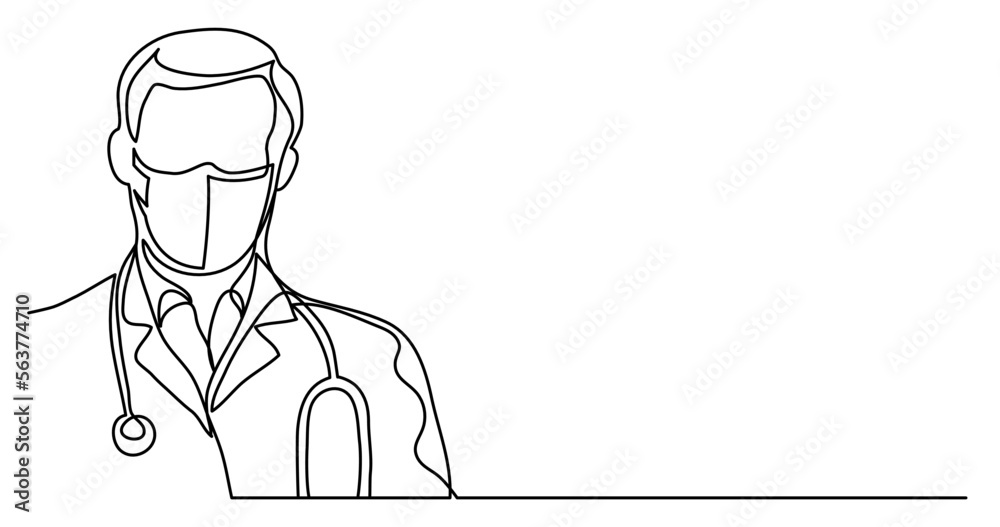 continuous line drawing vector illustration with FULLY EDITABLE STROKE - of doctor portrait in protective mask