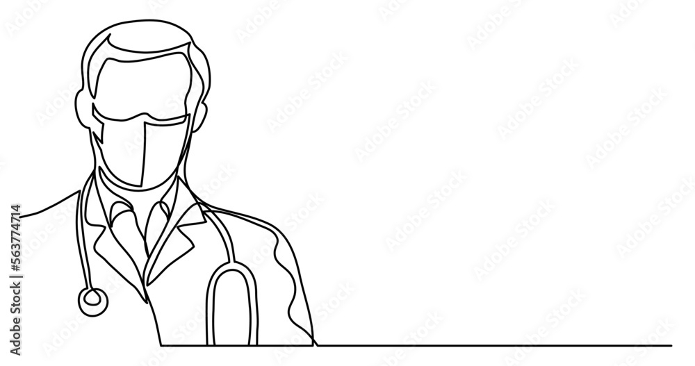 continuous line drawing vector illustration with FULLY EDITABLE STROKE - of doctor in protective mask with stethoscope