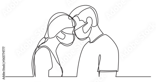 continuous line drawing vector illustration with FULLY EDITABLE STROKE - of loving couple of man and woman in protective masks standing together