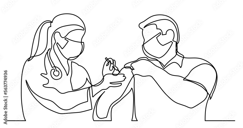 continuous line drawing vector illustration with FULLY EDITABLE STROKE - of woman doctor in protective mask doing vaccination shot to patient in mask