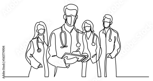 continuous line drawing vector illustration with FULLY EDITABLE STROKE - of first responders doctors in protective masks healthcare professionals