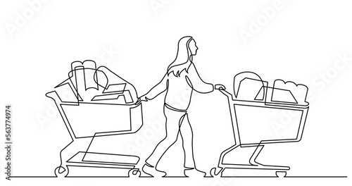 continuous line drawing vector illustration with FULLY EDITABLE STROKE - of woman pushing two shopping carts full of products