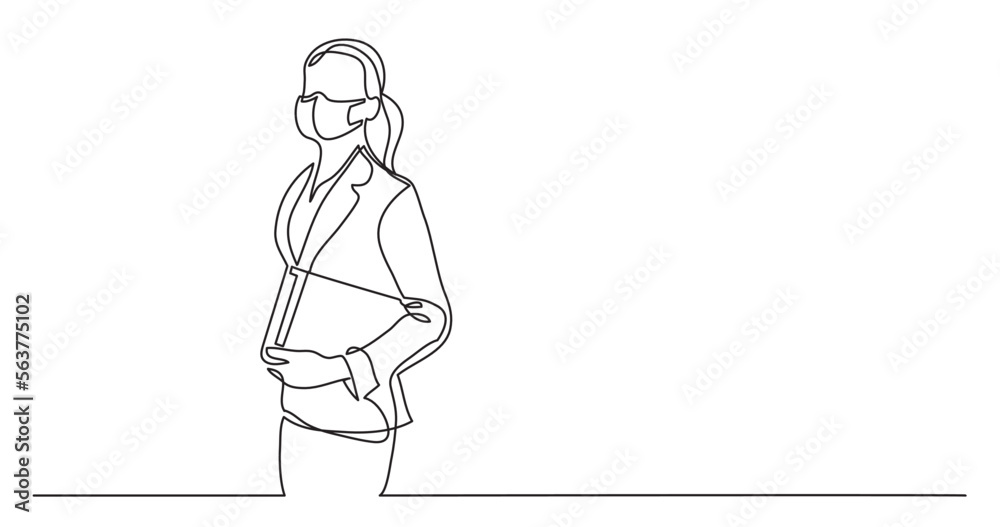continuous line drawing vector illustration with FULLY EDITABLE STROKE - standing business woman with papers wearing face mask
