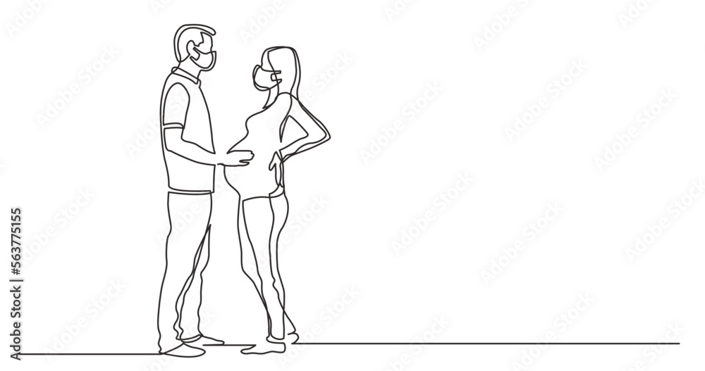 continuous line drawing vector illustration with FULLY EDITABLE STROKE - standing man pregnant woman wearing face mask