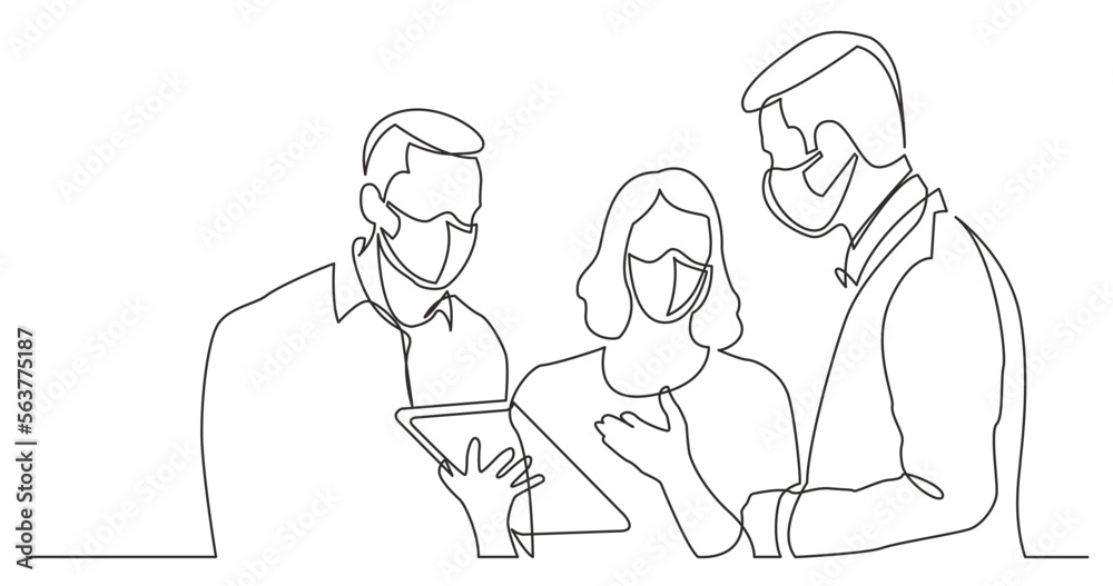 continuous line drawing vector illustration with FULLY EDITABLE STROKE - team discussing work task wearing face mask