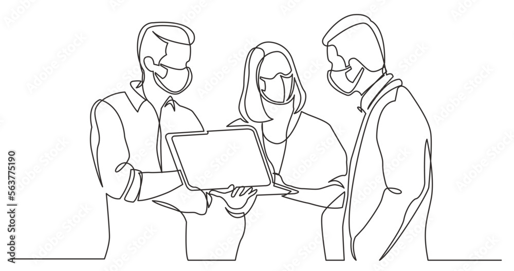 continuous line drawing vector illustration with FULLY EDITABLE STROKE - team discussing work watching laptop computer wearing face mask