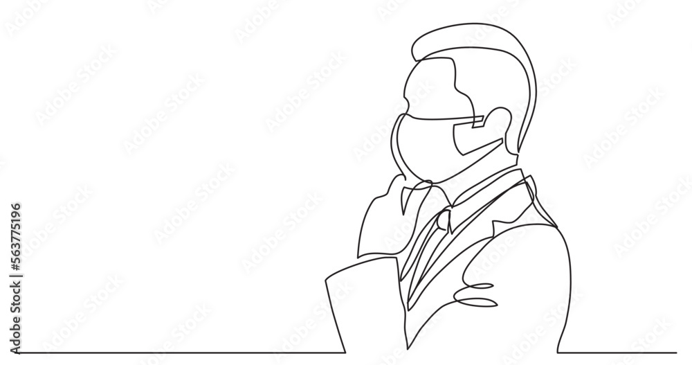 continuous line drawing vector illustration with FULLY EDITABLE STROKE - thinking businessman wearing face mask