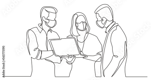 continuous line drawing vector illustration with FULLY EDITABLE STROKE - team discussing work watching laptop computer wearing face mask © OneLineStock