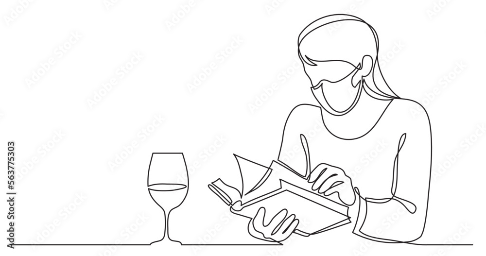 continuous line drawing vector illustration with FULLY EDITABLE STROKE - woman drinking wine  reading book wearing face mask