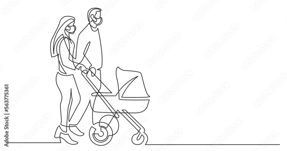 continuous line drawing vector illustration with FULLY EDITABLE STROKE - young family walking with baby stroller wearing face mask