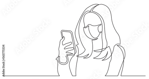 continuous line drawing vector illustration with FULLY EDITABLE STROKE - woman reading mobile phone wearing face mask