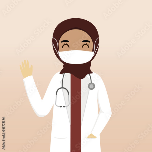 Front view muslim hijab doctor character. Doctor character creation with views, face emotion, pose, gesture and mask. Cartoon style, flat vector illustration. Female doctor with mask