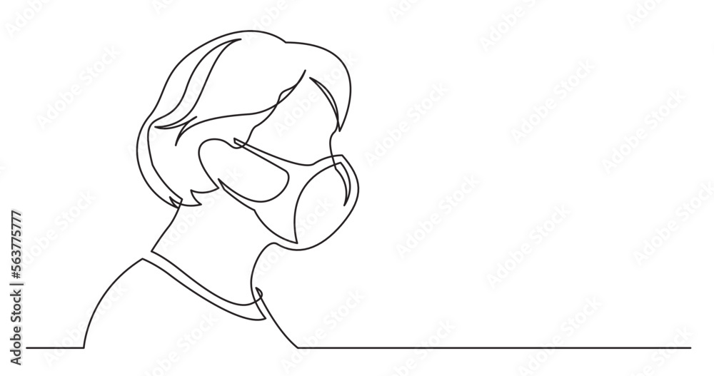 continuous line drawing vector illustration with FULLY EDITABLE STROKE of profile portrait of senior woman wearing face mask