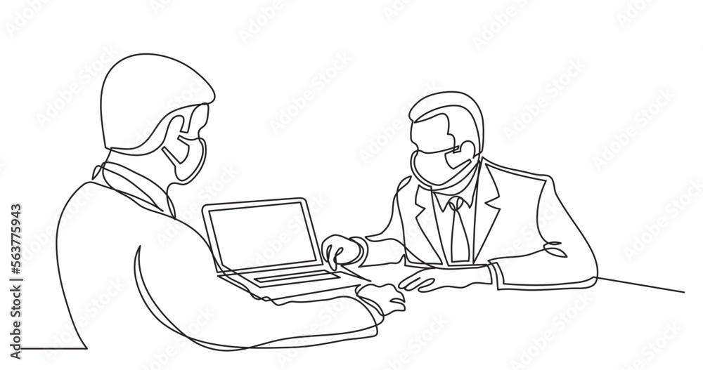 continuous line drawing vector illustration with FULLY EDITABLE STROKE of two team members discussing presentation on laptop computer wearing face mask continuous line drawing vector illustration with FULLY EDITABLE STROKE of two team members discussing presentation on laptop computer wearing face mask