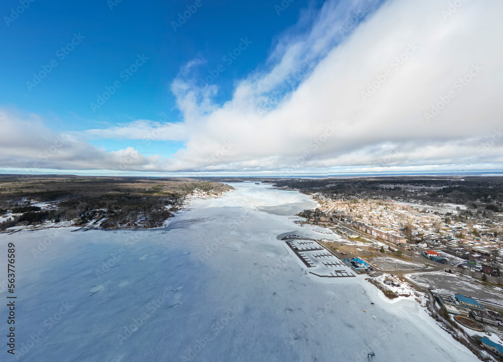 Penetanguishene beach lake view from drone in the winter time 