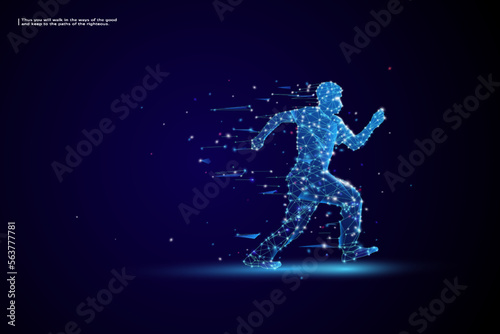 Running Man, Abstract running man form lines and triangles, Network connection turned into, vector illustration. © Rungaroon