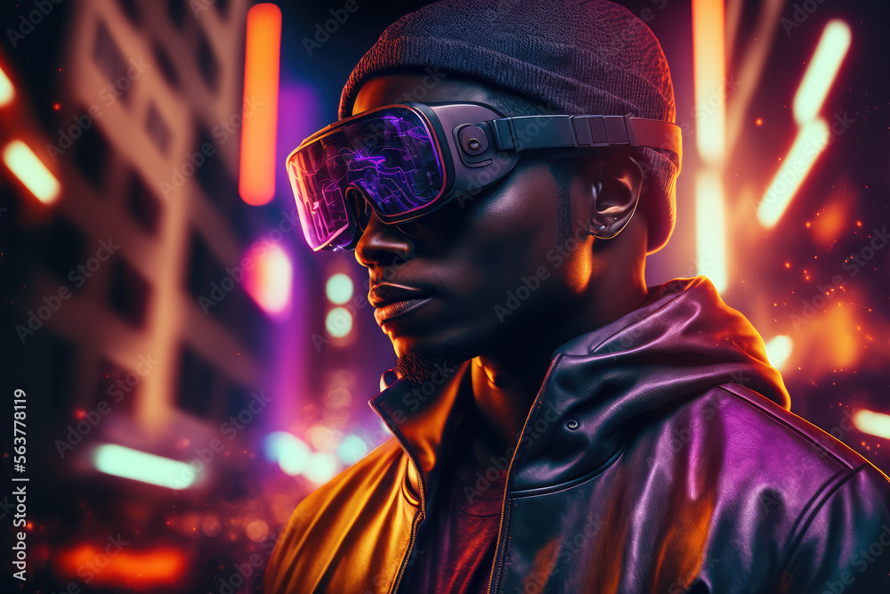African man wearing virtual reality goggles standing in virtual world ...