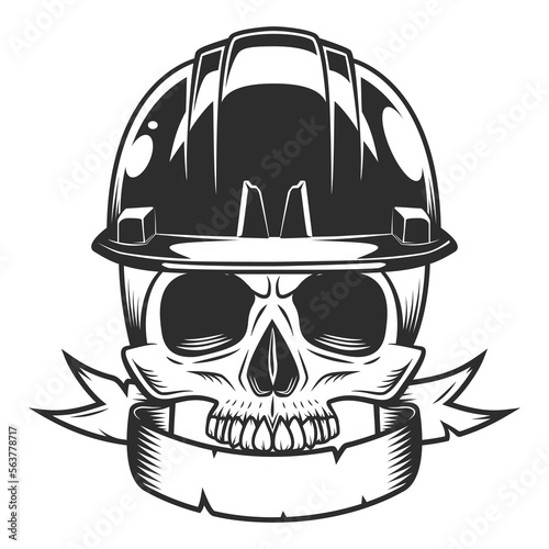 Builder skull in hard hat with ribbon from business new construction and remodeling house with in vintage monohrome style illustration