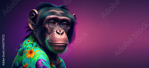Fotografering Chimpanzee in Hawaiian shirt, vaporwave, Generative AI